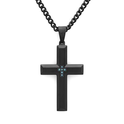 Men's Blue Diamond Cross Pendant in Stainless Steel