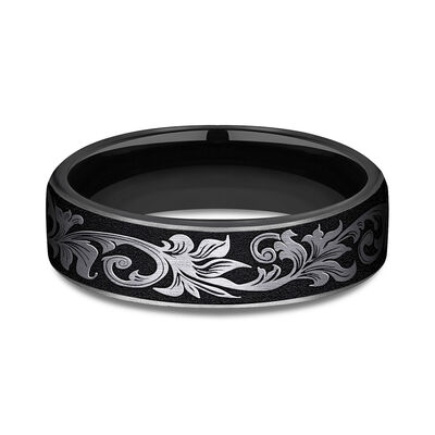 Men's Scroll Pattern Band in Black Titanium, 6.5MM