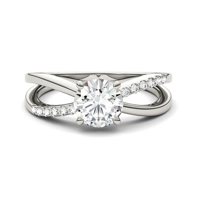 Round Moissanite Ring with Crisscross Band in 14K White Gold (1 1/8 ct. dew)