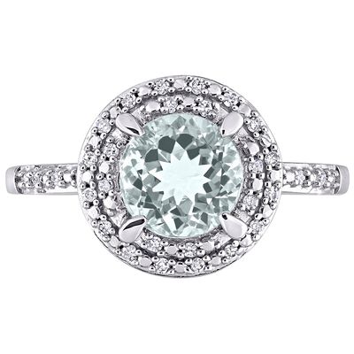 Round Halo Aquamarine & Diamond Ring in 10K White Gold (1/10 ct. tw.)