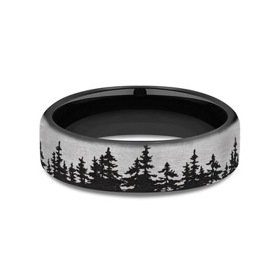 Men's Engraved Wedding Band with Tree Pattern in Black Titanium, 6.5mm