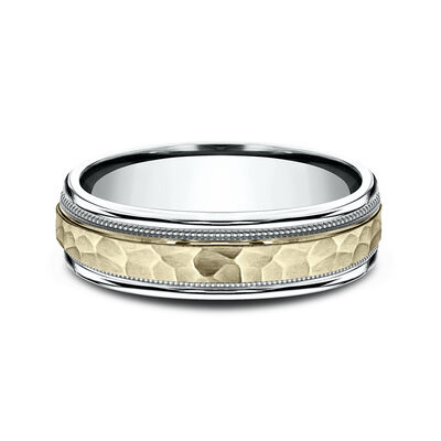 Men’s Hammered Milgrain Wedding Band in 10K White & Yellow Gold, 6mm