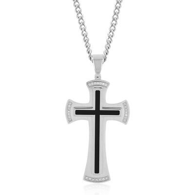 Men’s Diamond Cross Pendant with Black Resin in Stainless Steel (1/8 ct. tw.)