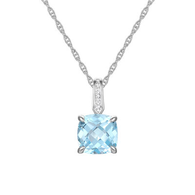 Cushion-Cut Aquamarine Pendant with Diamond Accents in 10K White Gold