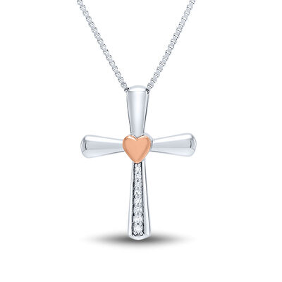 Diamond Cross Pendant in Sterling Silver & 14K Rose Gold