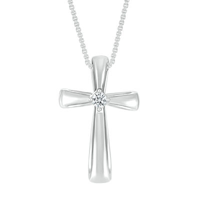 Diamond Accent Puff Cross Pendant in Sterling Silver