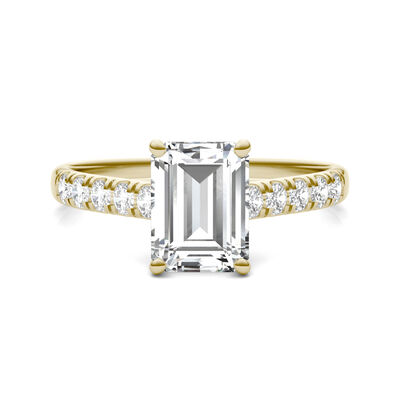 Emerald-Cut Lab Created Moissanite Ring with Side-Stones in 14K Yellow Gold