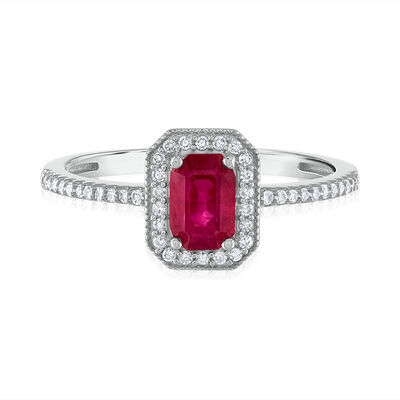 Emerald Cut Ruby & Diamond Ring in 14K Gold (1/7 ct. tw.)