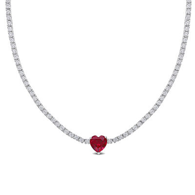 Lab Created White Sapphire and Lab Created Ruby Heart Necklace in Sterling Silver