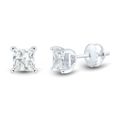 Lab Grown Diamond Stud Earrings with Princess-Cut Solitaires