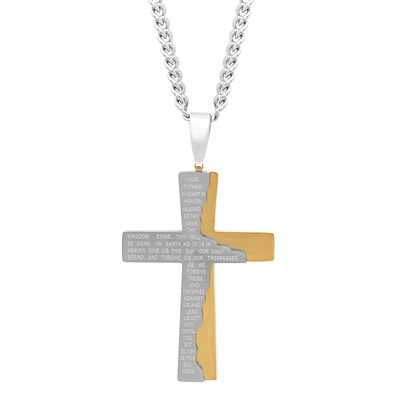 The Lord's Prayer Cross Pendant in Yellow and White Stainless Steel