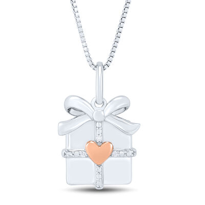 Gift Box Pendant with Diamond Accents in Sterling Silver and 14K Rose Gold