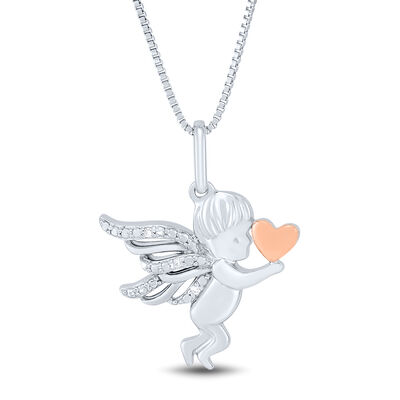 Cherub Pendant with Diamond Accents in Sterling Silver and 14K Rose Gold