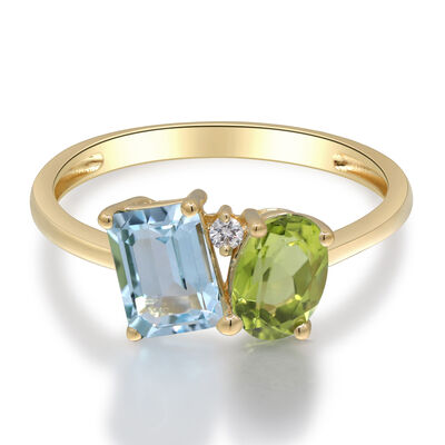 Blue Topaz, Peridot and Diamond Toi et Moi Ring in 10K Yellow Gold