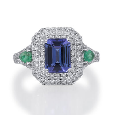 Tanzanite & Emerald Double Halo Ring in 14K White Gold (1/2 ct. tw.)