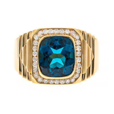 Men's London Blue Topaz and Diamond Ring in 14K Yellow Gold (1/3 ct. tw.)