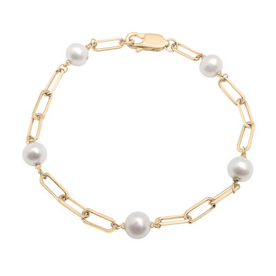 Pearl and Paperclip Chain Station Bracelet in Vermeil