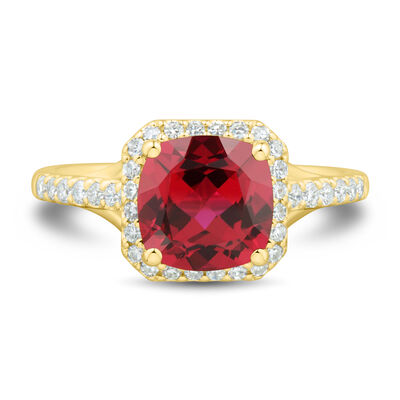 Lab-Created Cushion-Cut Ruby and Lab Grown Diamond Ring in 10K Yellow Gold (1/3 ct. tw.)