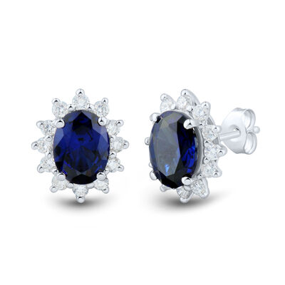 Lab-Created Blue Sapphire and Lab Grown Diamond Halo Earrings in 10K White Gold (1/2 ct. tw.)