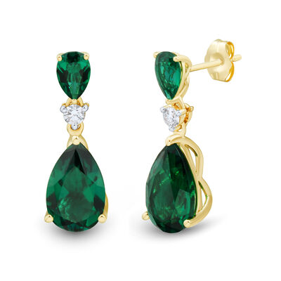 Lab-Created Pear-Shaped Emerald and Lab Grown Diamond Earrings in 10K Yellow Gold (1/8 ct. tw.)