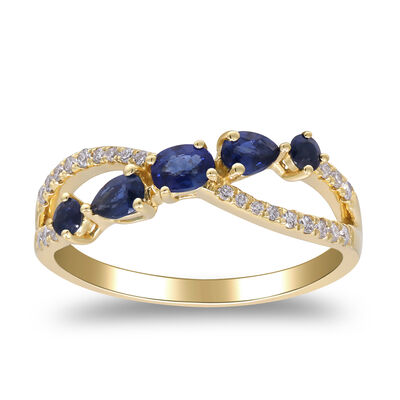 Blue Sapphire and Diamond Crossover Band in 10K Yellow Gold (1/7 ct. tw.)