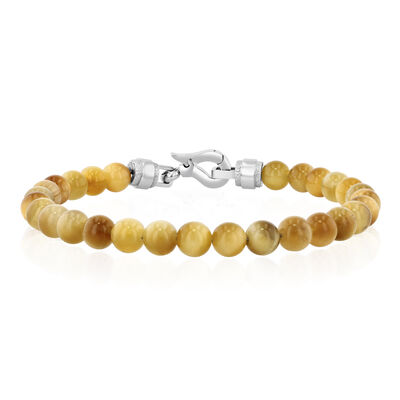 Men's Honey Tiger-Eye Bead Bracelet in Stainless Steel