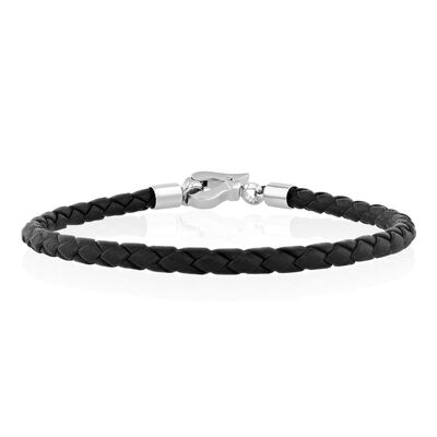 Men's Black Woven Leather Bracelet with Stainless Steel