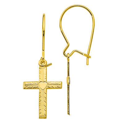 Polished and Satin Cross Drop Earrings in 14K Yellow Gold