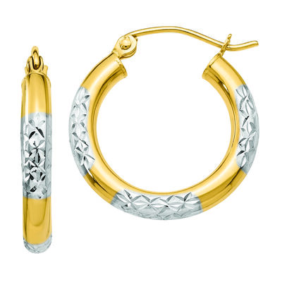 Diamond-Cut Hoop Earrings with White Rhodium Details in 14K Yellow Gold