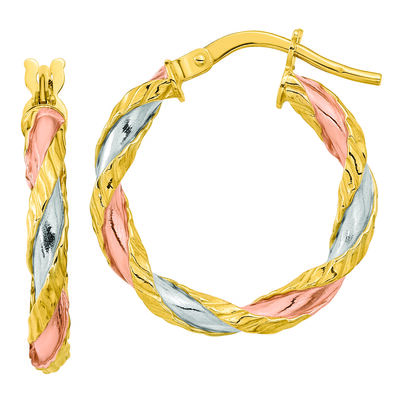 Twist Texture Hoop Earrings with White and Rose Rhodium Accents in 14K Yellow Gold