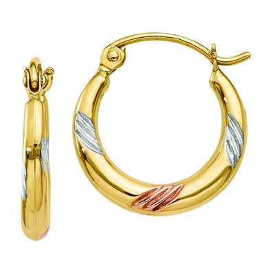 Mixed Texture Hoop Earrings with White and Rose Rhodium Accents in 14K Yellow Gold