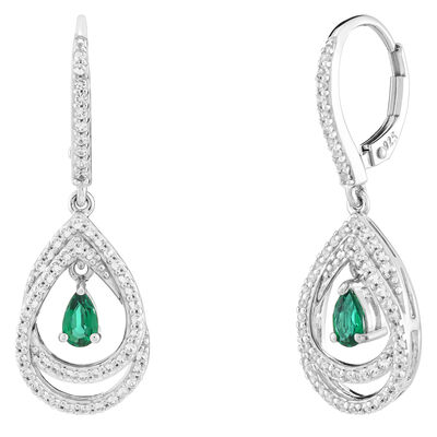 Lab-Created Emerald and Lab-Created White Sapphire Earrings in Sterling Silver