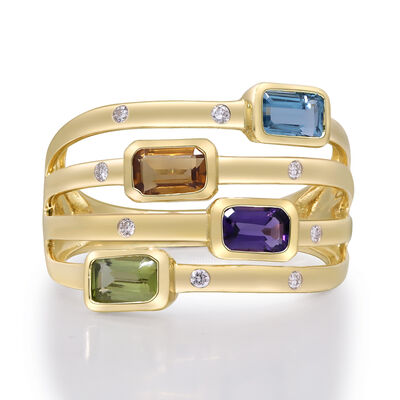 Multi-Row Gemstone and Diamond Accent Ring in 14K Yellow Gold