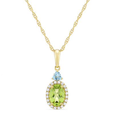 Oval Peridot, Blue Topaz & Diamond Accent Pendant in 10K Yellow Gold