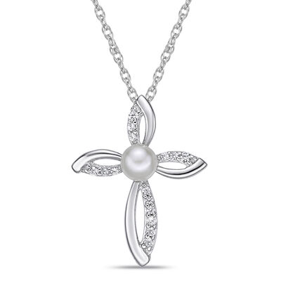 Freshwater Cultured Button Pearl and Lab-Created White Sapphire Cross Pendant in Sterling Silver