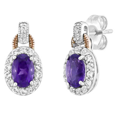 Amethyst & White Topaz Earrings in Sterling Silver & 10K Rose Gold