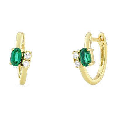 Lab-Created Emerald and Diamond Accent Huggie Hoops in 10K Yellow Gold