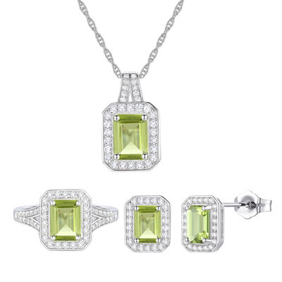 Peridot & Lab-Created White Sapphire Ring, Earring & Pendant Set in Sterling Silver