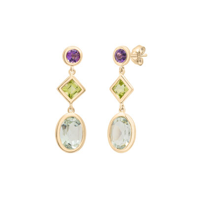 Peridot, Green Amethyst and Purple Amethyst Drop Earrings in 10K Yellow Gold