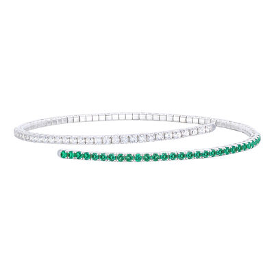 Lab-Created Emerald and Lab-Created White Sapphire Flexible Bangle in Sterling Silver