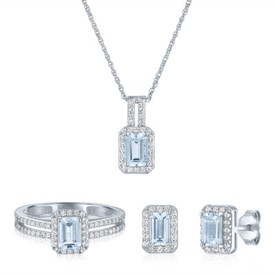 Aquamarine and Lab-Created White Sapphire Ring, Earring and Pendant Box Set in Sterling Silver