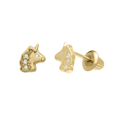 Children's Unicorn Stud Earrings with Cubic Zirconia in 14K Yellow Gold