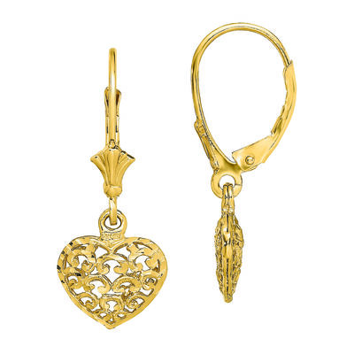 Diamond-Cut Mini Puff Heart Drop Earrings in 14K Yellow Gold