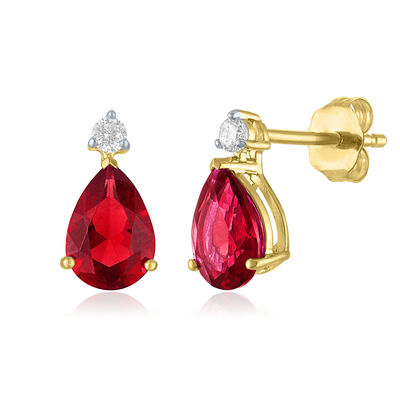 Lab-Created Ruby and Lab-Created White Sapphire Birthstone Earrings in 10K Yellow Gold